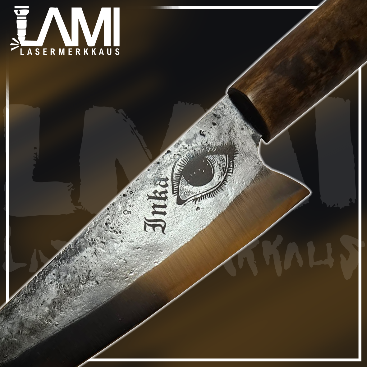 Kuitulaserilla lasermerkattu veitsi.